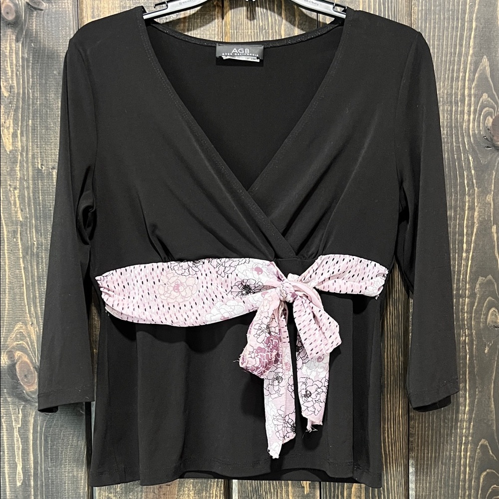 AGB Vtg Y2K Belted Babydoll Wrap‎ Top M Dressy Floral Ribbon Fairy Grunge Garden